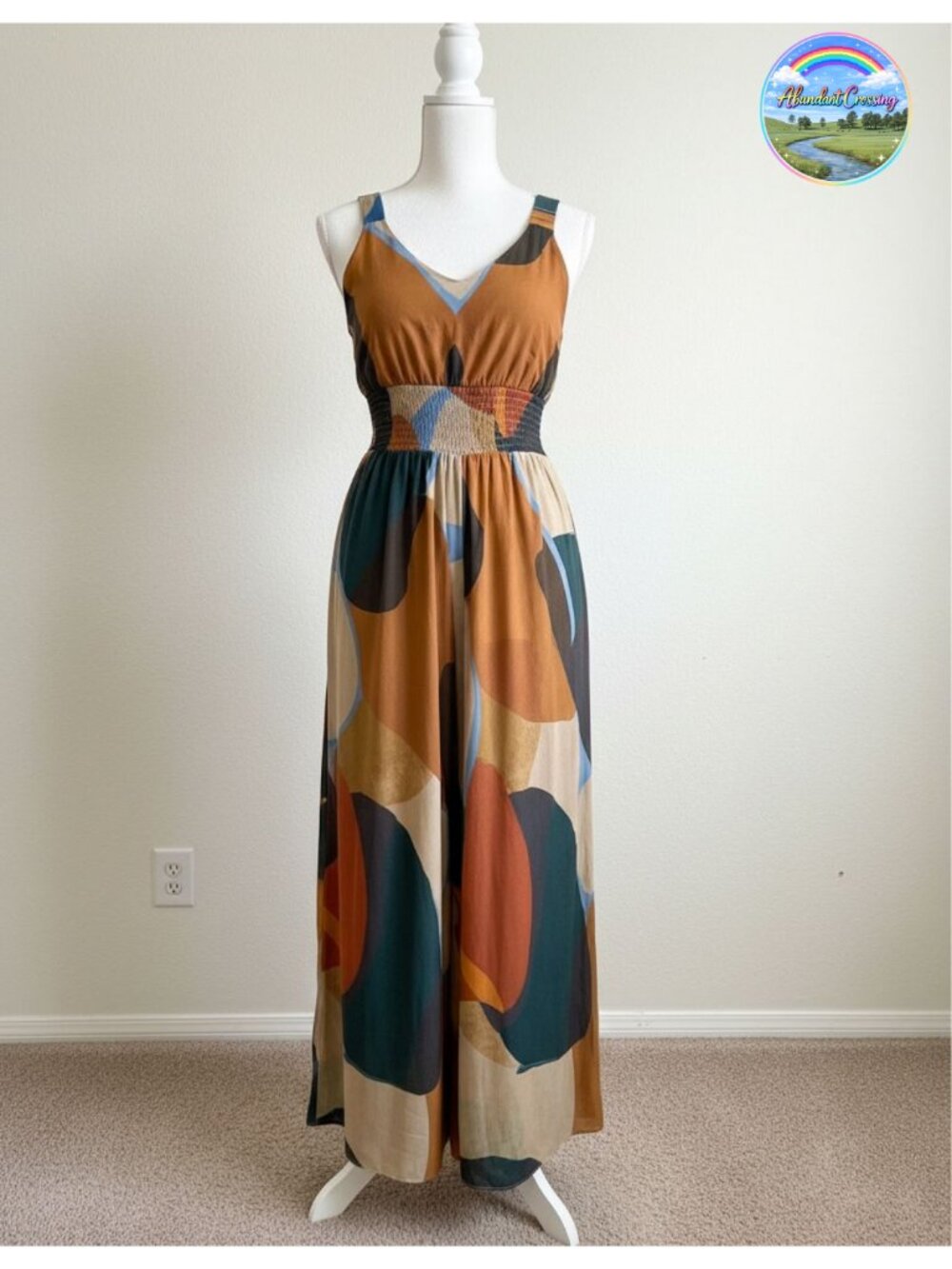 Women's Abstract Print Jumpsuit V Neck Wide Leg Palazzo Smocked Waist